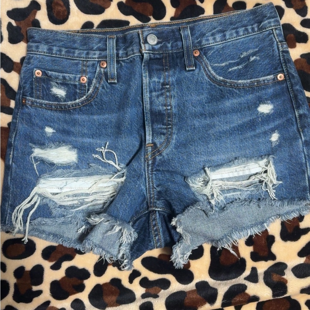 Levi's 501 Blue Distressed Jean Shorts with Frayed Hem